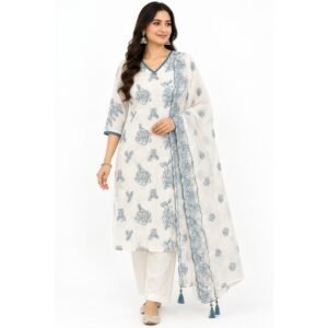 White Cotton Suit Set with Blue Floral Embroidery & Teal Lace Trim