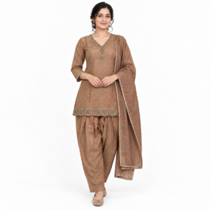 Beige Textured Salwar Suit Set with Floral Embroidery & Bordered Dupatta