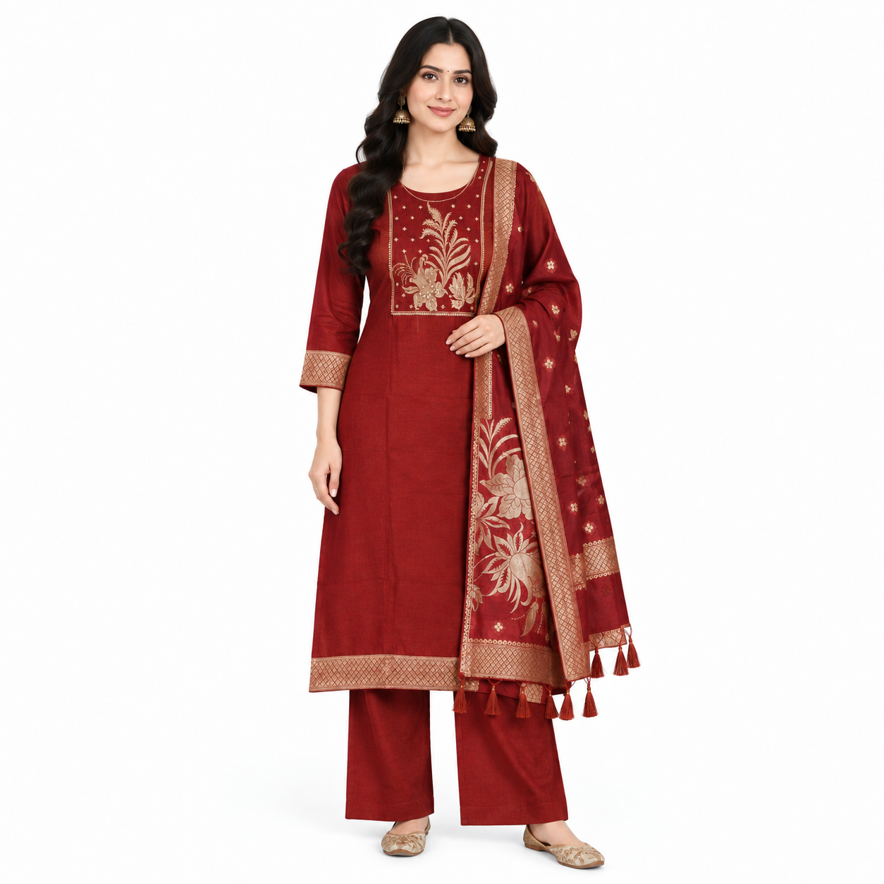 Maroon Straight Kurta Set with Gold Yoke Embroidery & Zari Dupatta