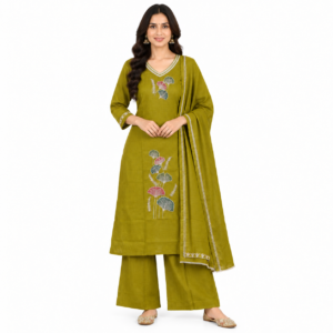 Olive Green Kurta Palazzo Set with Floral Motifs & Bordered Dupatta