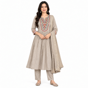 Beige Intricately Embroidered Flared Suit Set
