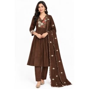 Brown Floral Embroidered Anarkali Kurta Set with Pants & Sheer Dupatta