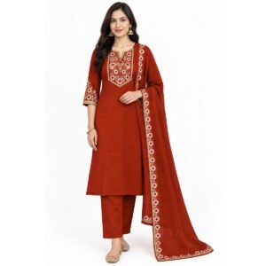 Deep Rust Embroidered Kurta Pant Set with Gold & Pink Floral Work