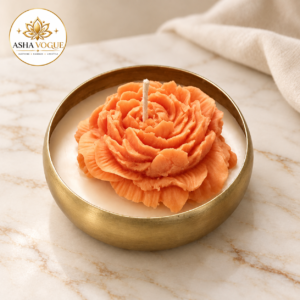 Orange Rose Candle in Gold-Toned Floral Bowl